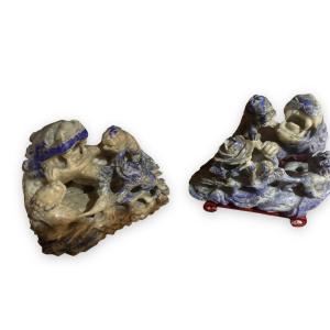 Pair Of Dragon Groups In Lapis Lazuli Twentieth