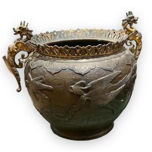 Asian Bronze Planter With Bird Decor