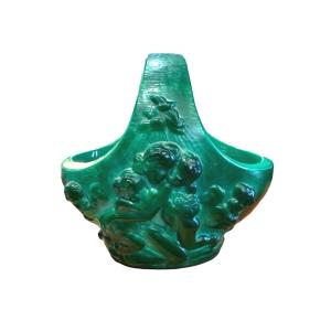 Heinrich Hoffman - Molded Glass Basket Malachite Colored Glass Vase