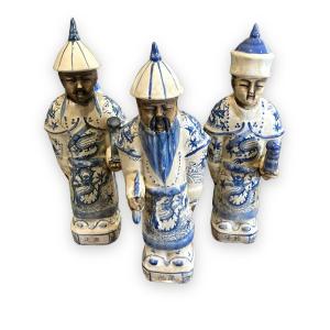 Set Of Three Chinese Dignitary Subjects In Ceramic And Glazed Stoneware