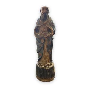 Saint Religious XVIIth Statuette In Polychrome And Gilded Wood