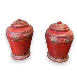 Pair Of Burmese Cutlery Pots In Red And Gold Boiled Cardboard