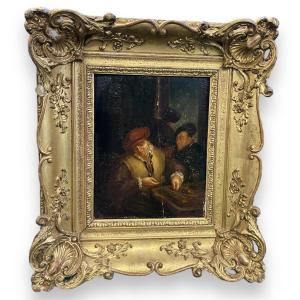 Oil On Panel XIXth The Dice Players