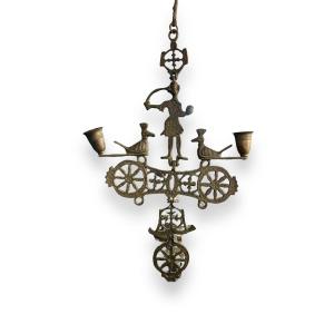 Old Folk Art Hanging Candlestick In Chiselled Bronze
