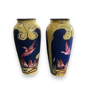 Pair Of Porcelain Vases Decorated With Birds Signed Chandy
