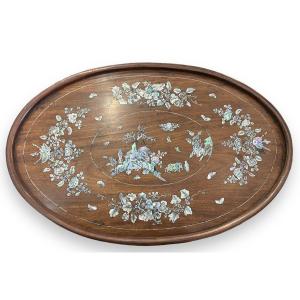 Important Indochinese Oval Tray In Mother Of Pearl And Rosewood