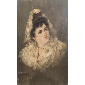 Oil Panel XIXth Portrait Of Woman With Jewelry