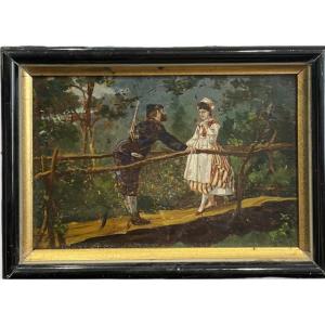 Small Oil On Panel XIXth Galante Scene