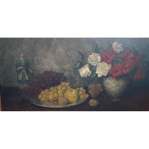 Still Life With Fruit And Chinese Subject By Louis Rodolphe Defontaine Défontaine