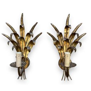 Maison Charles Pair Of Ears Of Wheat Sconces In Golden Metal