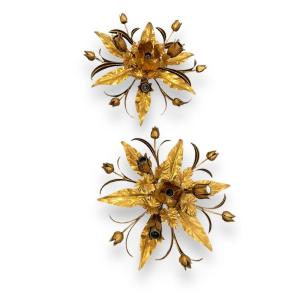 Pair Of Golden Metal Ceiling Lamps In The Style Of Kogl And Maison Charles