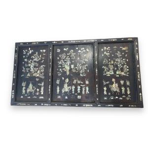 Important 19th Century Indochinese Triptych Panel In Wood And Mother-of-pearl