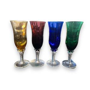 Series Of 4 Champagne Flutes In Blown And Colored Glass