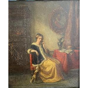 Oil On Panel Interior Scene Lady And Dog