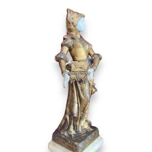 Statuette In Gilt Bronze Chryselephantine Lady In Medieval Dress By Tremo