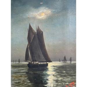 Marine In Moonlight Oil On Canvas By G. Leveau 1915