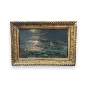 Oil On Canvas 19th Century Sea And Rocks Under The Sun