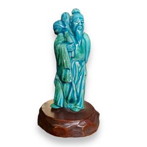 Figure Of The Immortal Tong Fangshuo In Blue Glazed Stoneware