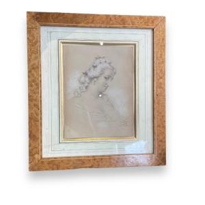 French School 19th Century Drawing Young Woman With Pearl Necklace By Wiertz