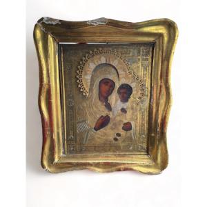 Virgin And Child Icon In Silver And Gold Riza Wood