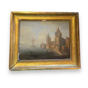 Marine Oil On Canvas 19th Century Northern Port