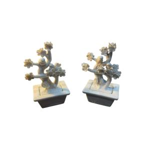 Pair Of Trees With Trendy Bird Decor Chinese White Porcelain