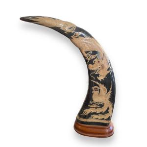 Important Zebu Horn Carved Dragon And Phoenix China Indochina