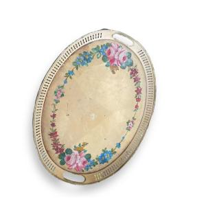 Important Painted Sheet Metal Tray With Flower Decor