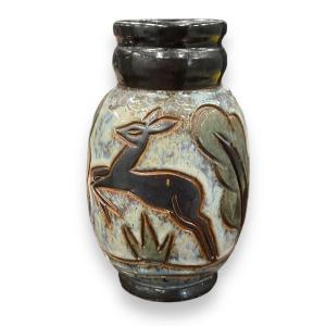 Art Deco Vase In Glazed Ceramic Decor Of Doe