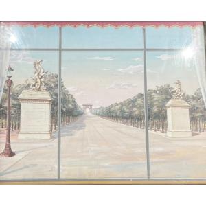 Huge Gouache View Of The Avenue Des Champs élysées By Ozil