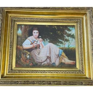 Woman With Bouquet Large Oil On Panel