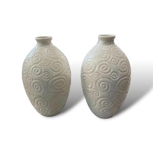 Saint Clément Pair Of Ovoid Vases Olive Model Engraved