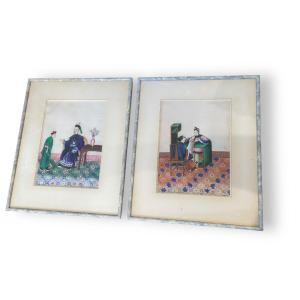 Pair Of Large Paintings On Chinese Rice Paper