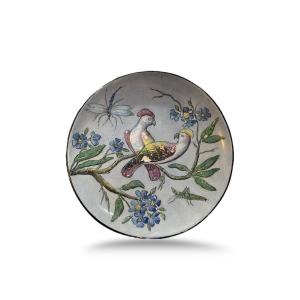 Enameled Earthenware Dish Birds And Dragonflies