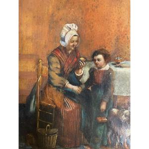 Oil On Leather 19th Century Interior Scene