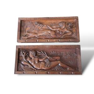 Spring And Summer Pair Of Bas Reliefs On Art Nouveau Wood