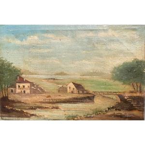 Houses And Riverside Landscape 19th Century Barbizon School