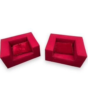 Pair Of Armchairs With Red Upholstery In The Style Of Paolo Lenti