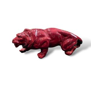 Art Deco Lion In Red Glazed Ceramic In The Taste Of Levy For Primavera
