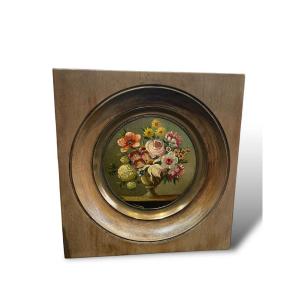 Bouquet Of Flowers Miniature Oil On Copper 19th Century