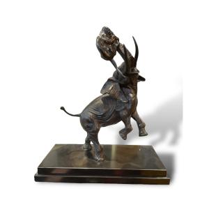 Elephant And Tiger Bronze Black Marble Base