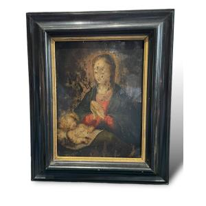 17th Century School Virgin And Child Oil On Copper