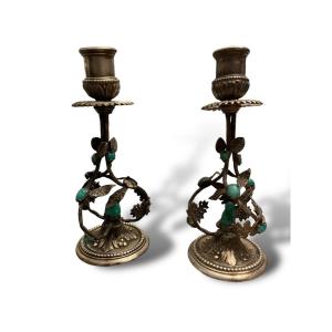 Pair Of 19th Century Aventurine And Silver Metal Candlesticks