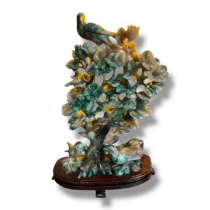 Tree And Birds In Green Hard Stone Jade Nephrite