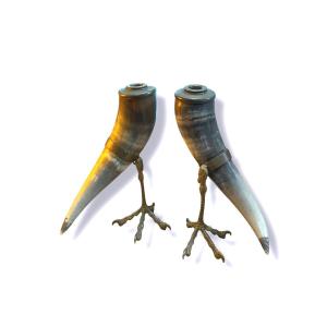Pair Of Hunting Cornets Candlesticks 19th Century Eagle Foot Mount