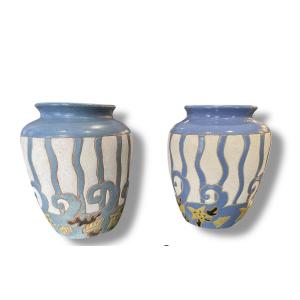 Pair Of Enameled Vases With Shell Decoration
