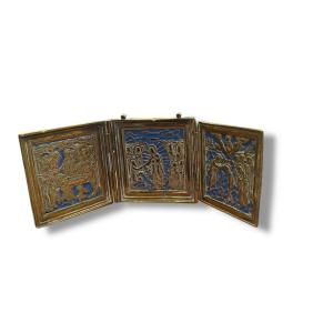 Russian Travel Icon Triptych In Bronze And Enamel