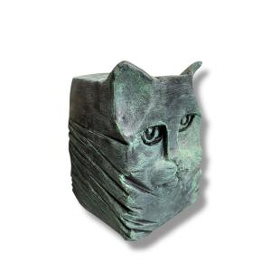 Ejolan Cubist Cat In Terracotta With Green Patina