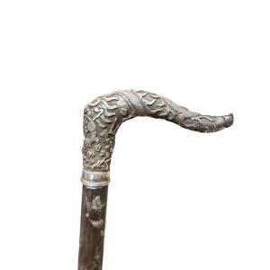 China Indochina Walking Stick With Silver Handle And Dragon Motif