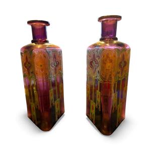 Legras Pair Of Large Enameled Glass Bottles 